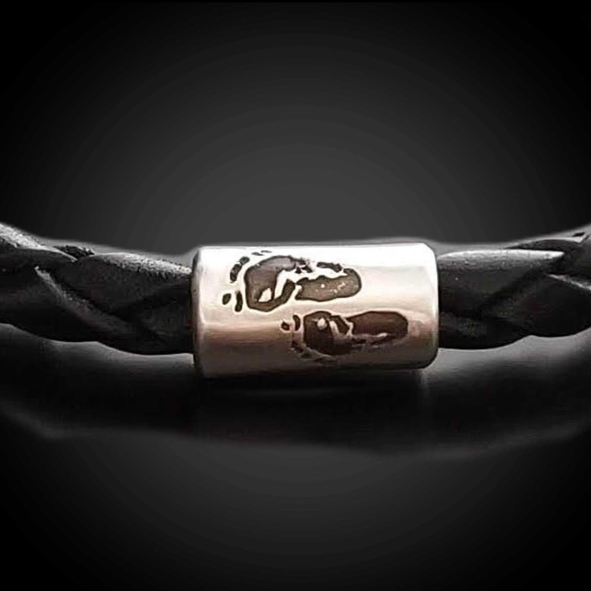 Newborn Baby Footprint Bracelet, Men's Braided Leather w/Sterling Bead, Gift for New Dad, Father, Celebrate Infant Birth, Baby Memorial