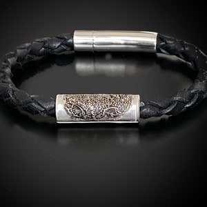 Dog Nose Memorial Imprint - Braided Leather Bracelet w/ Sterling Silver Tube Bead - Actual Pet Animal Impression from Photo for Dog Lover