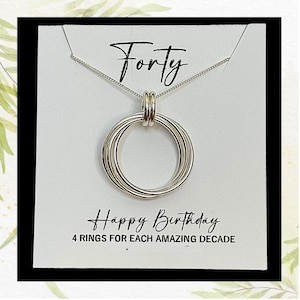 40th Birthday Necklace: Sterling Silver. Celebrate Four Decades with symbolic gift of 4 interlocking rings. Forty, Fortieth Birthday Gift