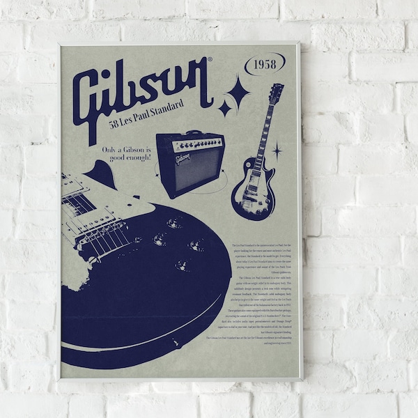 Retro Poster, Electric Guitar Poster, Vintage Aesthetic, Monochrome Poster, Guitar Wall Decor, Guitar Wall Art, Gibson Les Paul Poster