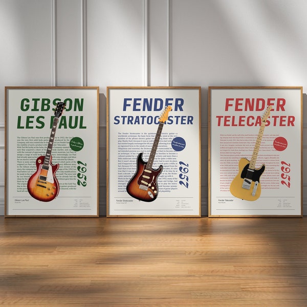 Retro Poster Set, Electric Guitar Posters, Vintage Aesthetic, Set of 3, Guitar Wall Decor, Guitar Wall Art