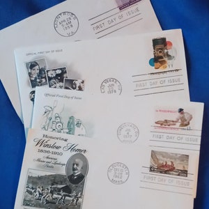 First Day Issue Stamps- 1st Day Issue Stamp & Envelope- Vintage Stamps- 3 cent stamp-Winslow Homer Stamp-Photography Stamp-Lot of 4-sale