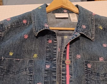 Alfred Dunner Demin Shirt Jacket- Embroidered Butterflies Jean Jacket- Ramie Jacket- Denim Jacket -Sz 12- Cotton -Lightweight Jacket-Ladies