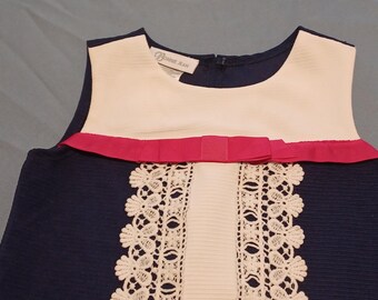 Vestido de verano - Vestido Bonnie Jean - Vestido de niña - Azul marino y encaje - Sin mangas - Lazo rosa - Talla 7 - Vestido vintage - Vestido casual - Vestido azul marino - Talla 7 en oferta