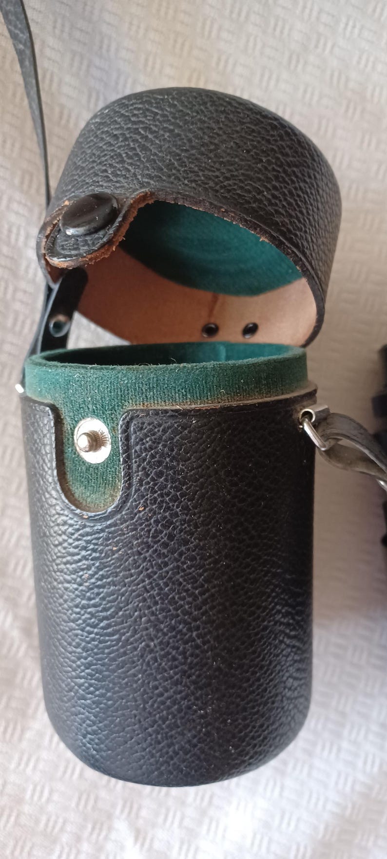 Puede incluir: Una funda de c&aacute;mara de cuero negro con un interior de terciopelo verde y una correa. La funda est&aacute; abierta y la tapa est&aacute; volteada hacia atr&aacute;s.