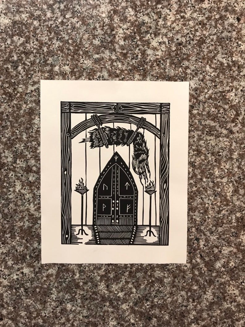 Grendel/'s Arm Hangs in Heorot 8x10 Linocut. Beowulf