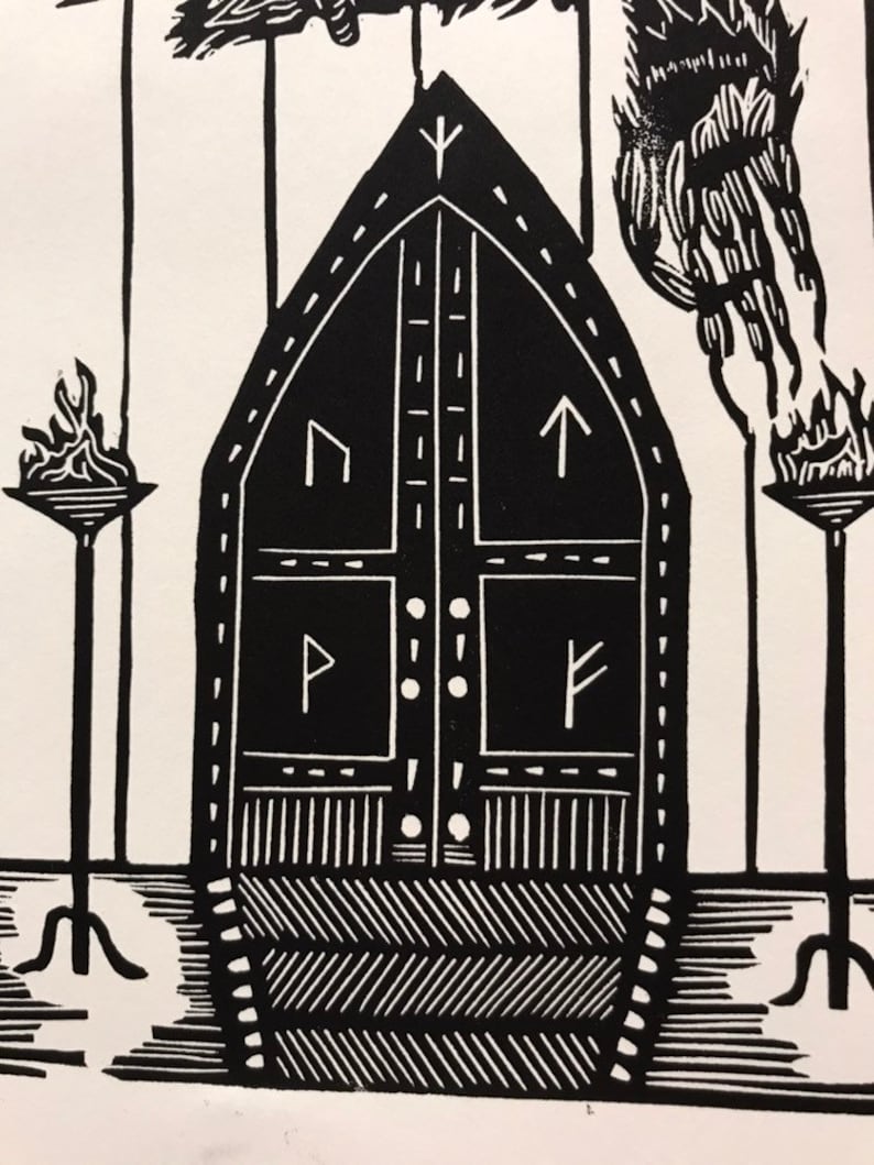 Grendel/'s Arm Hangs in Heorot 8x10 Linocut. Beowulf