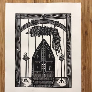 Beowulf: Grendel&#39;s Arm Hangs in Heorot. 8x10 Linocut.