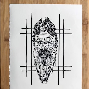 God of War Mimir Head 8x10 Linocut Print