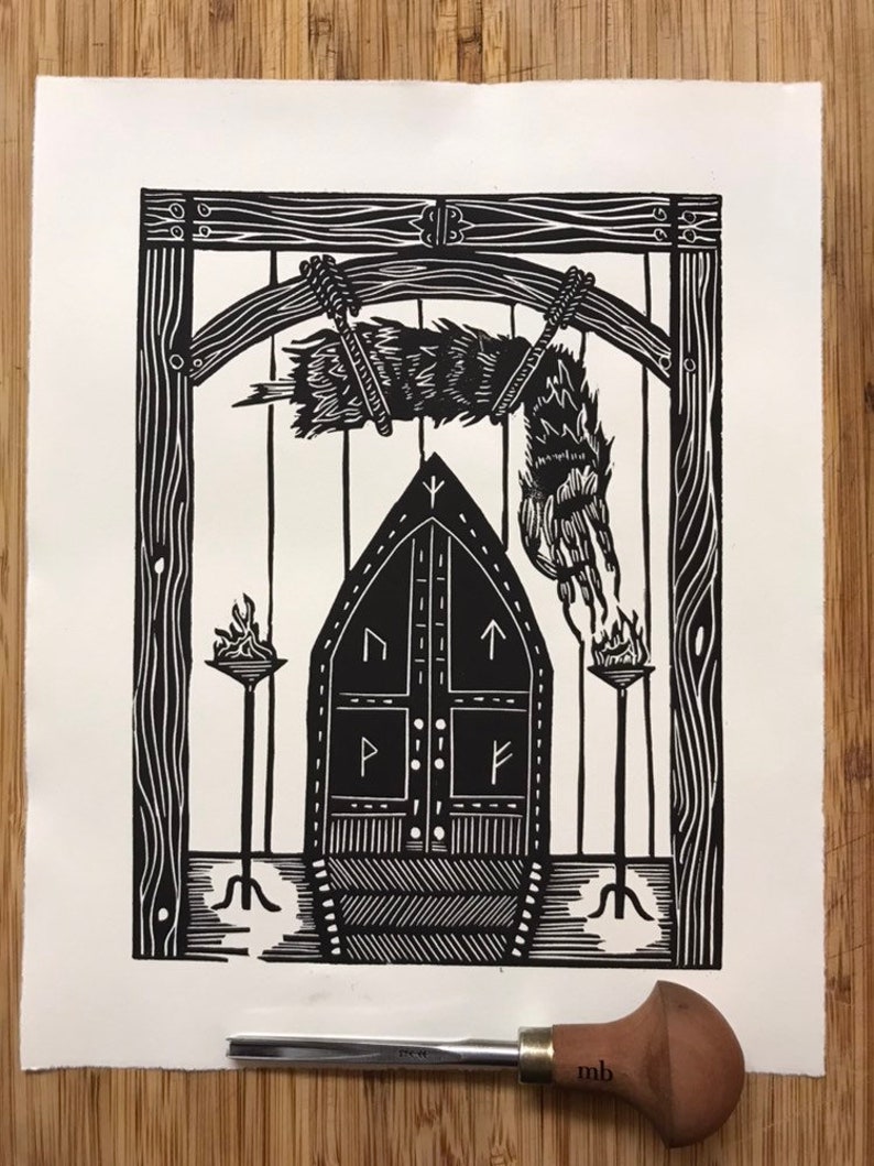 Grendel/'s Arm Hangs in Heorot 8x10 Linocut. Beowulf