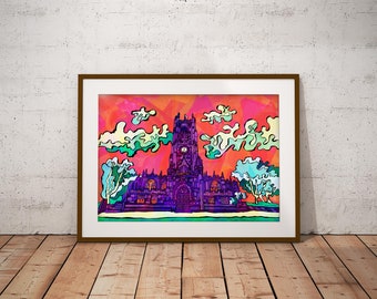 Manchester Cathedral Art Print | Psychedelic Manchester City Poster | Abstract Wall Art | Bohemian Home Decor | Cityscape Travel poster