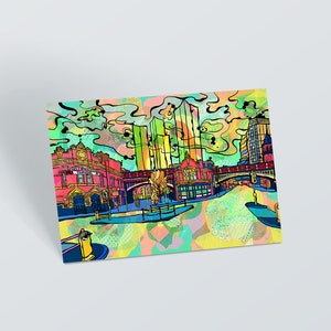 Manchester Deansgate Postkarte | Manchester Deansgate Psychedelic Kleiner Kunstdruck | Urban City Postkarte | 60er, 70er Jahre psychedelischer Kunstdruck