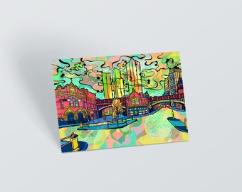 Manchester Deansgate Postcard | Manchester Deansgate Psychedelic Small Art Print | Urban City postcard | 60s, 70s psychedelic art print