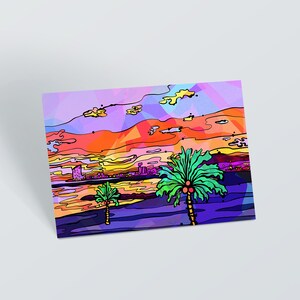 Impresión artística de postal de playa de Barcelona / Impresión artística psicodélica pequeña / Impresión artística psicodélica de los años 60 y 70 / Postal con ilustración costera