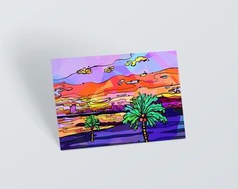 Barcelona Beach Psychedelic Art Postcard: 60s Seaside Illustration