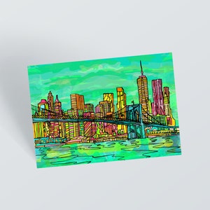 Psychedelic New York City Skyline Postcard: Brooklyn Bridge Art Print