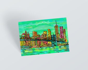 Psychedelic New York City Skyline Postcard: Brooklyn Bridge Art Print