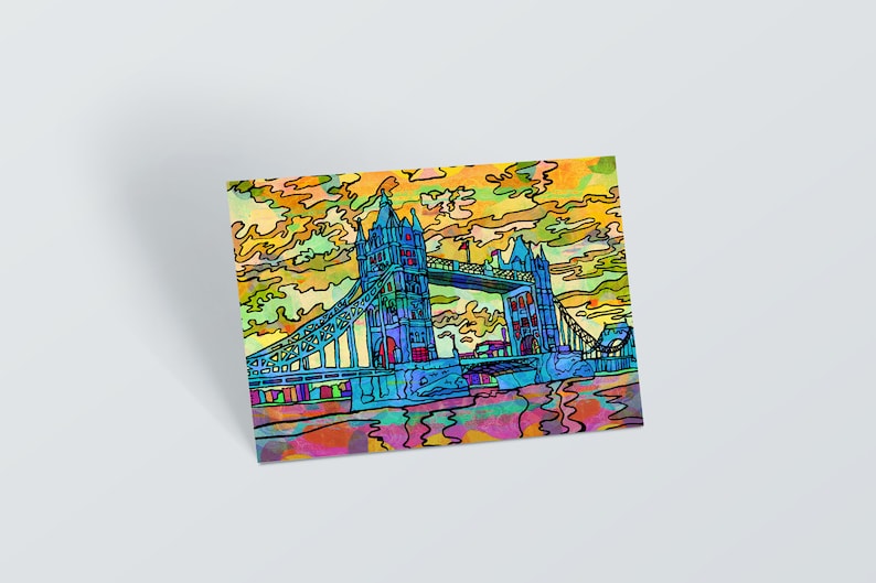 May include: A colorful illustration of the Tower Bridge in London, England. The bridge is depicted in shades of blue, with a yellow and orange sky in the background. The water below the bridge is a mix of blue, green, and purple.