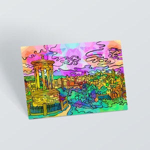 postale d'Édimbourg Calton Hill | Illustration d'art d'Édimbourg | Cadeau écossais coloré | Dessin psychédélique d'Edimbourg | Cadeau de voyage