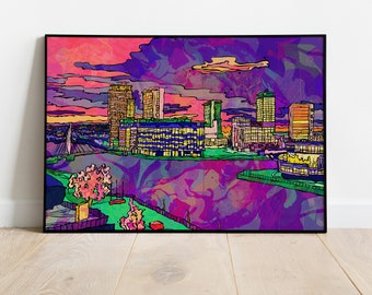 Salford Qauys Media city Art Print | Psychedelic Poster of Salford Quays | Abstract Wall Art | Bohemian Home Decor | Salford Cityscape art