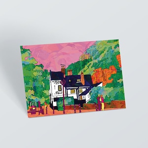 Nottingham Psychedelic Postkarte, Ye Olde Reise nach Jerusalem Pub Illustration Karte, Bunte kleine Kunstdruck, Geburtstagskarte, Dankes-Karte