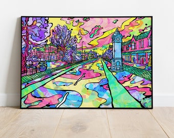 Manchester City Poster Print of Didsbury | Psychedelic Manchester Wall Art of Didsbury | Didsbury Colourful Illustration Housewarming gift