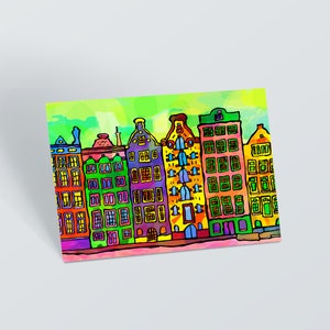 Amsterdam Art Postcard, Psychedelic Postcard of Amsterdam, Amsterdam Canal Houses Wall Art, Amsterdam Pop Art Postcard, Amsterdam Art Gift