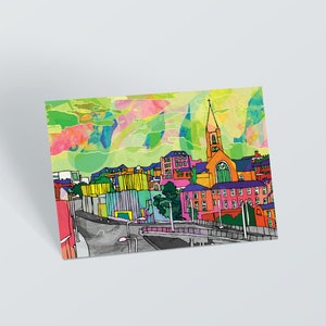 Nottingham Skyline Postkarte, Nottingham Zeitgenössische Galerie Postkarte, Nottingham Lace Market Art, Psychedelisches Kunstdruck Geschenk, Geburtstagskarte
