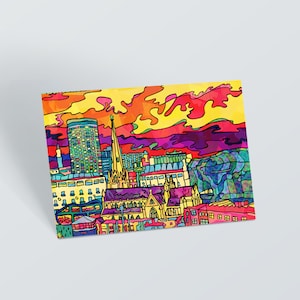 Birmingham Postkarte | Birmingham Kunstdruck | Psychedelisches Birmingham Geschenk | Birmingham Skyline Kunst | Birmingham Stadtbild Reisekarte