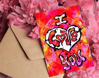 I love you Valentine's day Greeting Card | 60s Psychedelic Retro style greeting card | Love Heart card with envelope | Customisable card