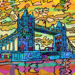 May include: A colorful illustration of the Tower Bridge in London, England. The bridge is depicted in shades of blue and green, with a yellow and orange sky in the background. The illustration is done in a cartoon style, with bold lines and bright colors.