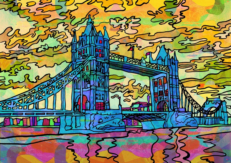 May include: A colorful illustration of the Tower Bridge in London, England. The bridge is depicted in shades of blue and green, with a yellow and orange sky in the background. The illustration is done in a cartoon style, with bold lines and bright colors.