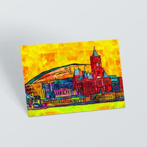 Cartão postal da cidade de Cardiff | Impressão de ilustração de arte de Cardiff | Presente galês colorido | Desenho psicodélico da cidade de Cardiff | Presente de viagem | Arte do País de Gales