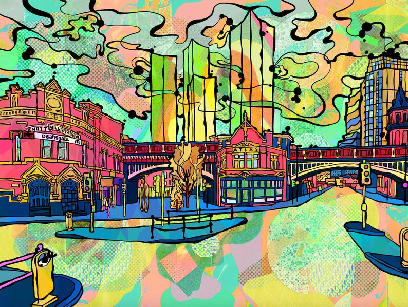 Manchester City Art Print Psychedelic Poster of Deansgate in Manchester Abstract Wall Art Bohemian Home Decor Deansgate Art Print image 7