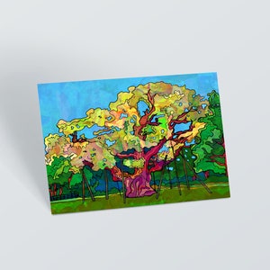 Nottingham psychedelische ansichtkaart, Major Oak Sherwood Forest illustratiekaart, kleurrijke kleine kunstafdruk, verjaardagskaart, bedankkaart, cadeau