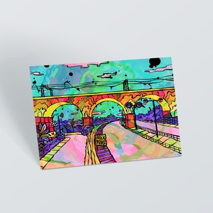 Cartão postal do viaduto de Stockport | Impressão artística psicodélica pequena da ponte de Stockport | Cartão postal de viagem da cidade urbana | Impressão artística psicodélica dos anos 60 e 70