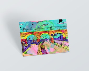 Stockport Viaduct Postcard | Stockport Bridge Psychedelic Small Art Print | Urban City travel postcard | 60s & 70s psychedelic art print