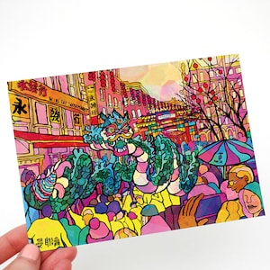 China Town Psychedelic Postkarte, chinesische Neujahrsparade, Kunstdruck, Psychedelic Dankeschön-Karte, Geburtstagskarte, kleine Wanddekoration.
