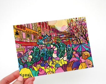 China Town Psychedelic Postcard, Chinese New year parade art print, Psychedelic thank you card, birthday card, small wall art decor.