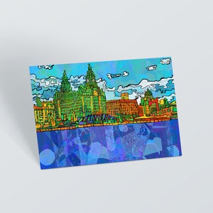 Liverpool Pier Head Postcard | Liverpool city art print | Colourful Psychedelic Liverpool City illustration | Liverpool card