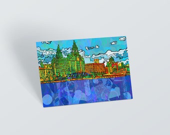 Liverpool Pier Head Postcard | Liverpool city art print | Colourful Psychedelic Liverpool City illustration | Liverpool card