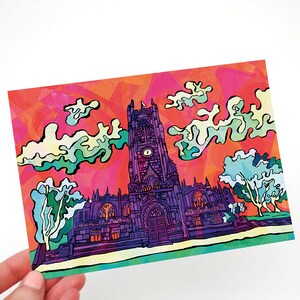 Psychedelische Postkarte Manchester Kathedrale - Kleine Schottland Wand Kunst Druck, Psychedelische Dankeskarte, Geburtstagskarte, Wohnkultur.
