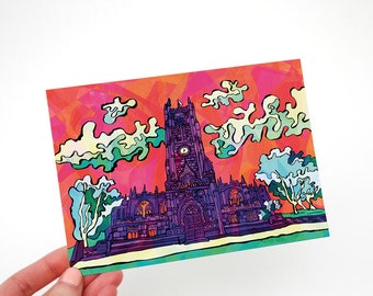 Psychedelic Postcard Manchester Cathedral - Small Manchester Wall Art Print, Psychedelic thank you card, birthday card, home decor.