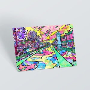 Manchester West-Didsbury Postkarte | Psychedelischer Stil Manchester Kleiner Kunstdruck | 60s & 70s psychedelischer Kunstdruck von Manchester Didsbury