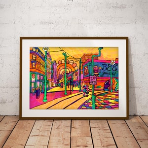 Manchester City Art Print | Cityscape street Illustration | Market Street Arndale Psychedelic Poster | Bohemian Home Decor | Abstract Art