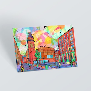 Postal cuadrada de la sala de corte de Ancoats de Manchester / Impresión de arte psicodélico pequeño de Manchester / Impresión de arte psicodélico de Manchester de los años 60 y 70