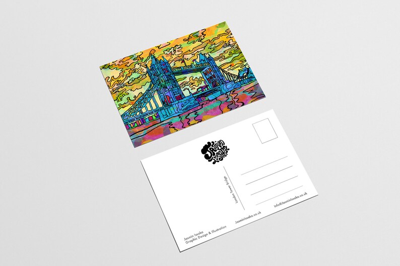 May include: A colorful illustration of the Tower Bridge in London, England. The bridge is depicted in shades of blue, yellow, orange, and green. The sky is a vibrant yellow with orange and pink clouds. The postcard is blank on the back with space for a message and a stamp.