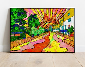 Manchester Hulme Poster Print | Manchester City Street Wall Art | Psychedelic Urban City Street Sunset illustration Art | Travel Poster