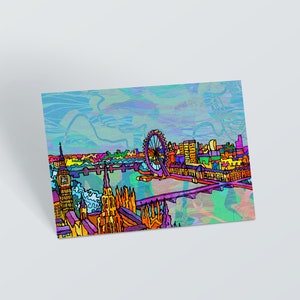 ロンドンの街並みのイラストポストカード | ロンドンの街並み テムズ川 アートプリント | サイケデリックな現代ロンドンのイラスト