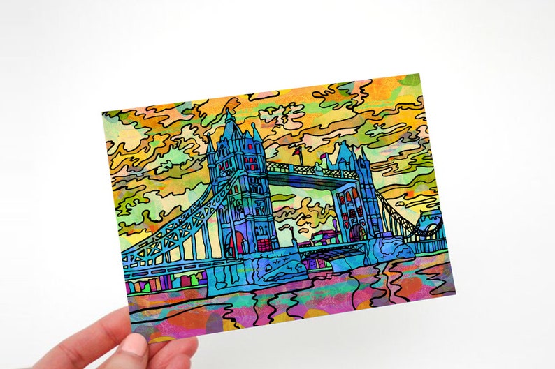 May include: A colorful illustration of the Tower Bridge in London, England. The bridge is depicted in shades of blue, green, and yellow, with a stylized, abstract background of clouds.